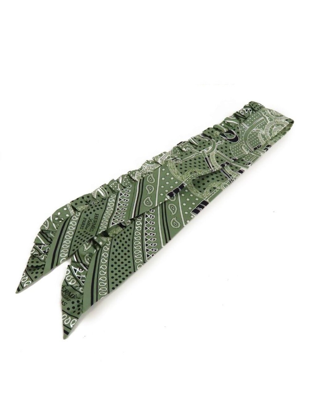 Hermes Twilly Ruffles Khaki Green Silk Eperon D'or Bandana Apron Scarf